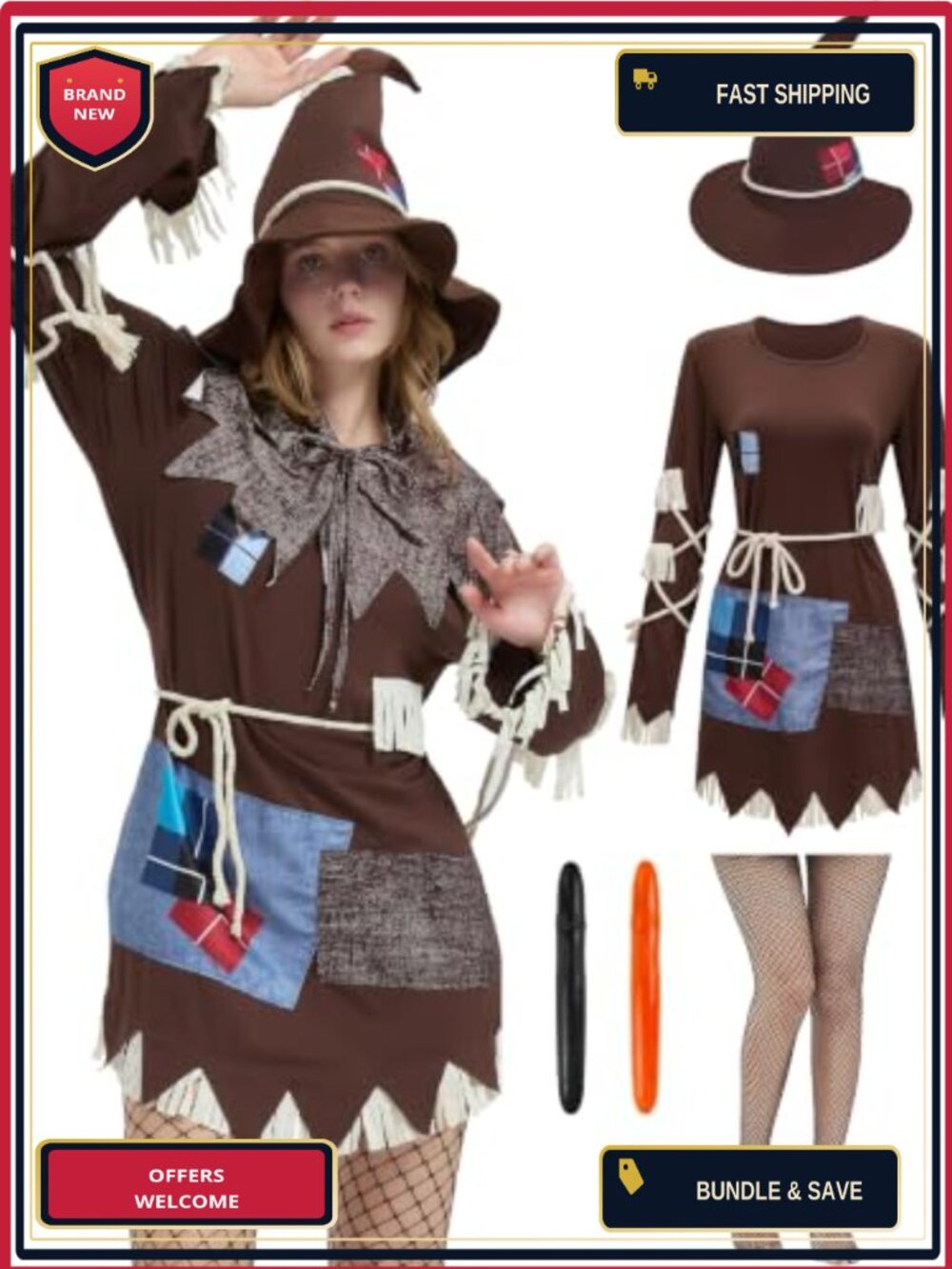 Scarecrow Halloween Costume Set Women Adult Wizard Dress Hat Stockings Collar